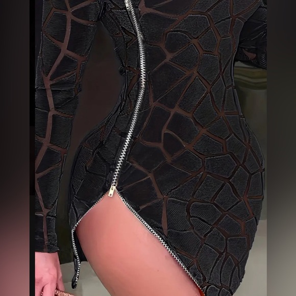 Semi Sheer Velvet Zipper Long Sleeve Bodycon Dress-Plus - Picture 2 of 4